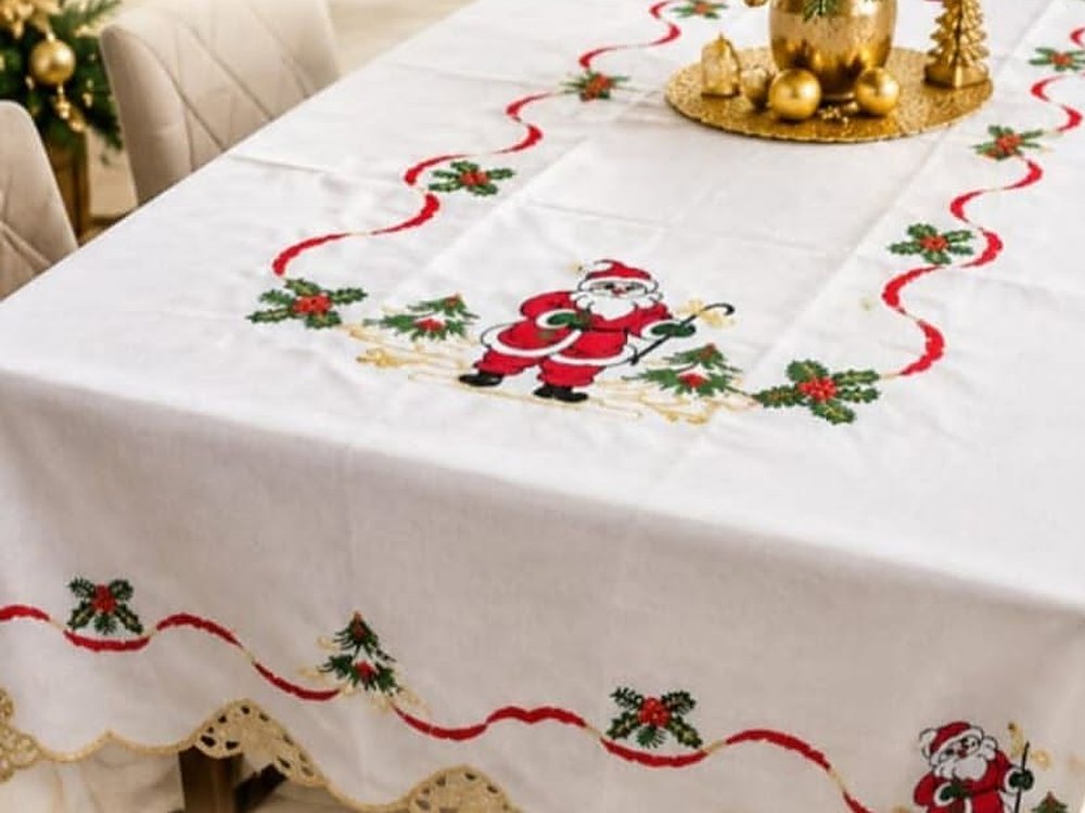 Mantel navideño blanco con Papá Noel