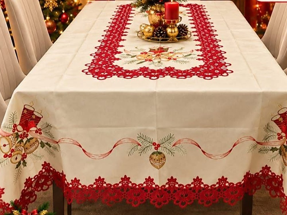 Mantel navideño crema con encaje rojo